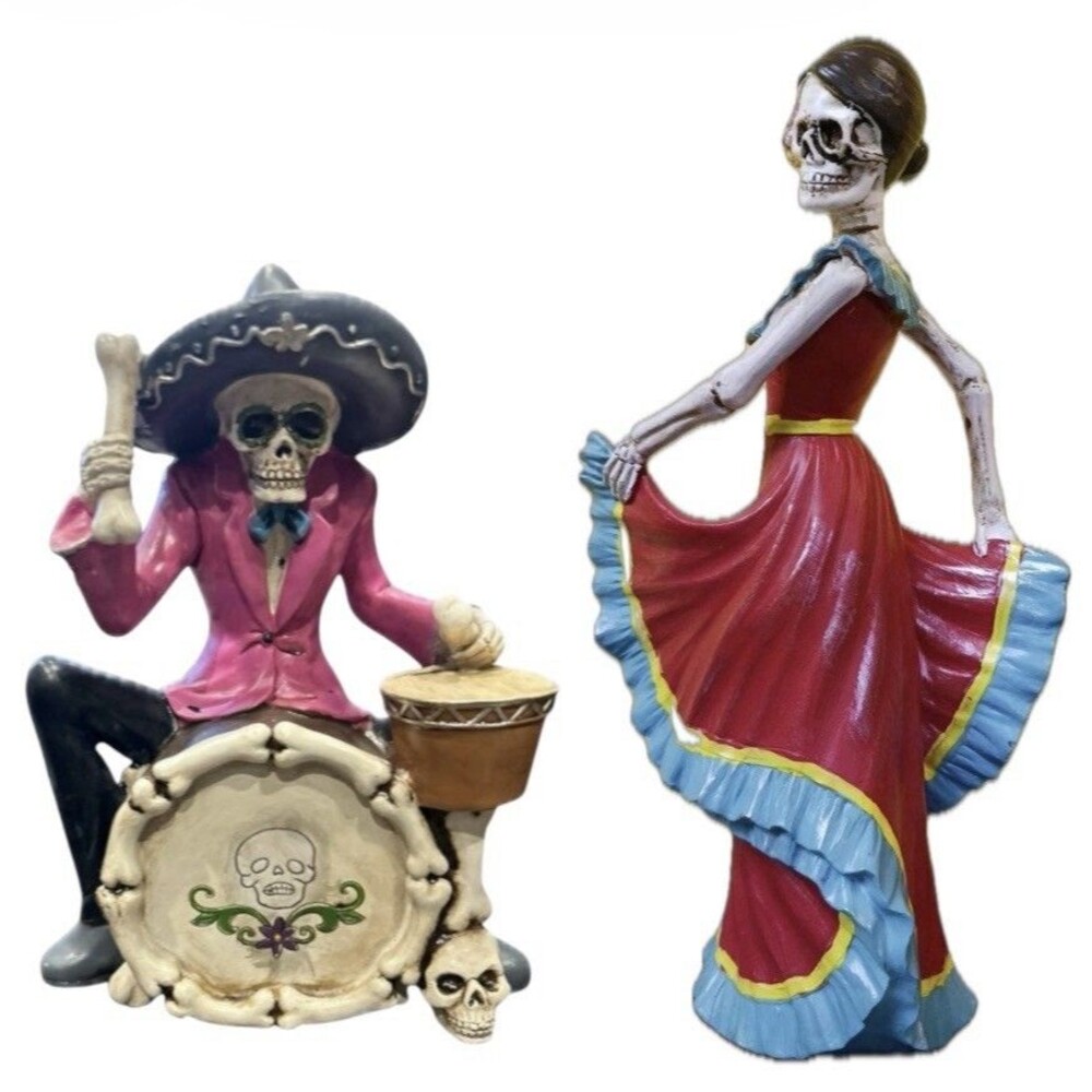 2x Day Of The Dead Sugar Skull Skeleton Halloween Decor Drummer 8" Senorita 10"